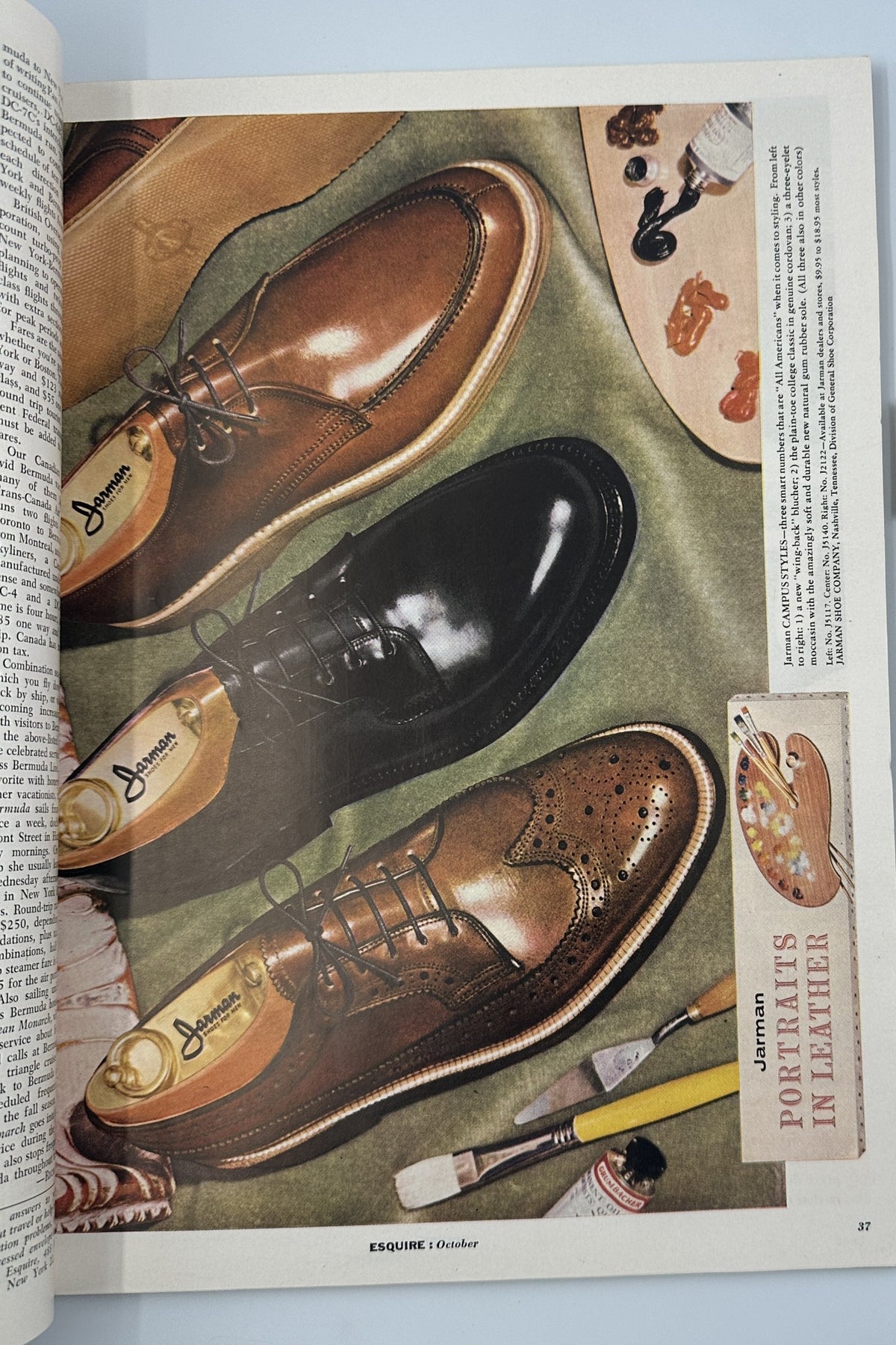 Stylish shoes featured in Esquire Magazine October 1956, highlighting leather craftsmanship and fashion details.