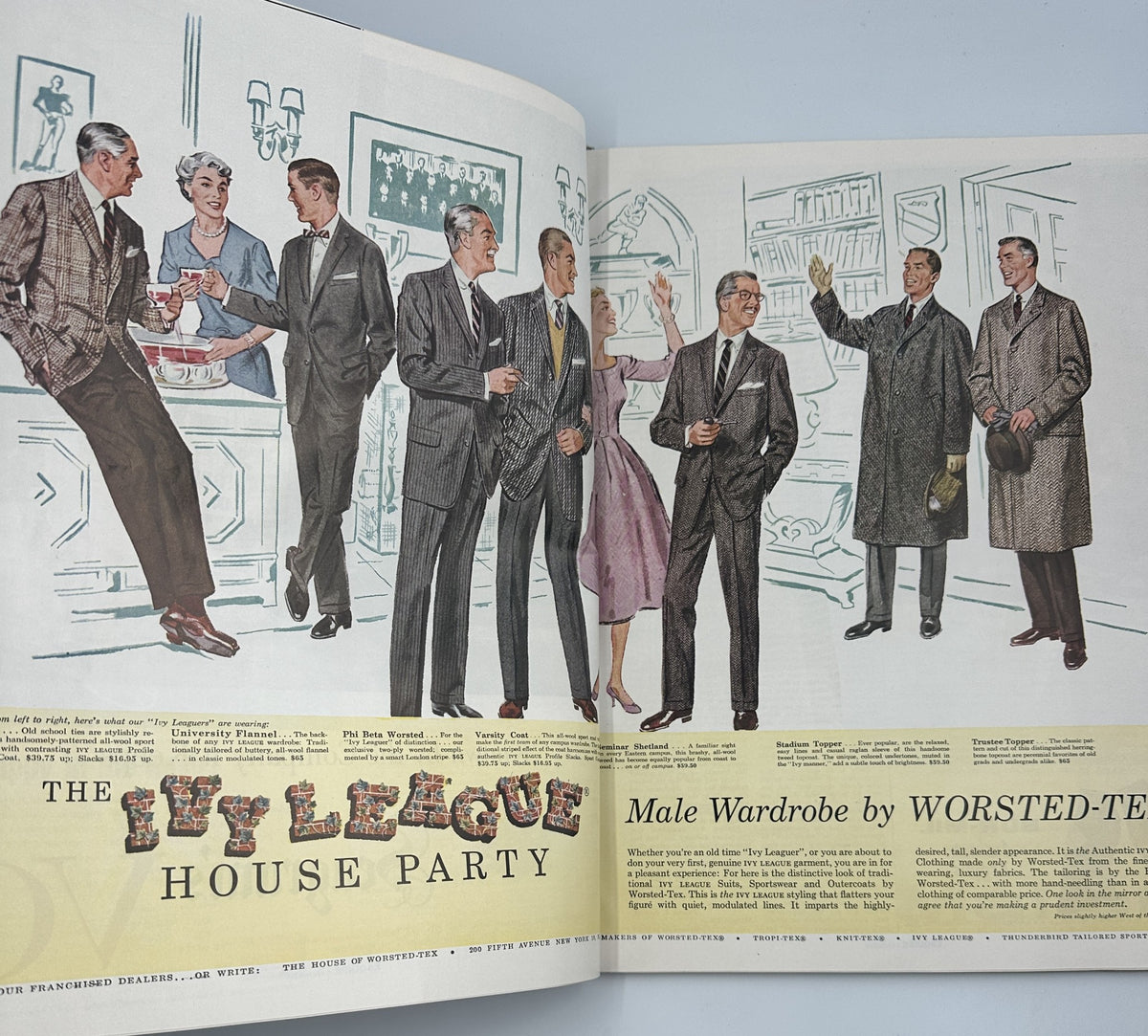 A stylish Ivy League House Party illustration showcasing men in elegant clothing with a woman, highlighting male wardrobe options by Worsteds-Tex. Featured in Esquire Magazine, October 1956.