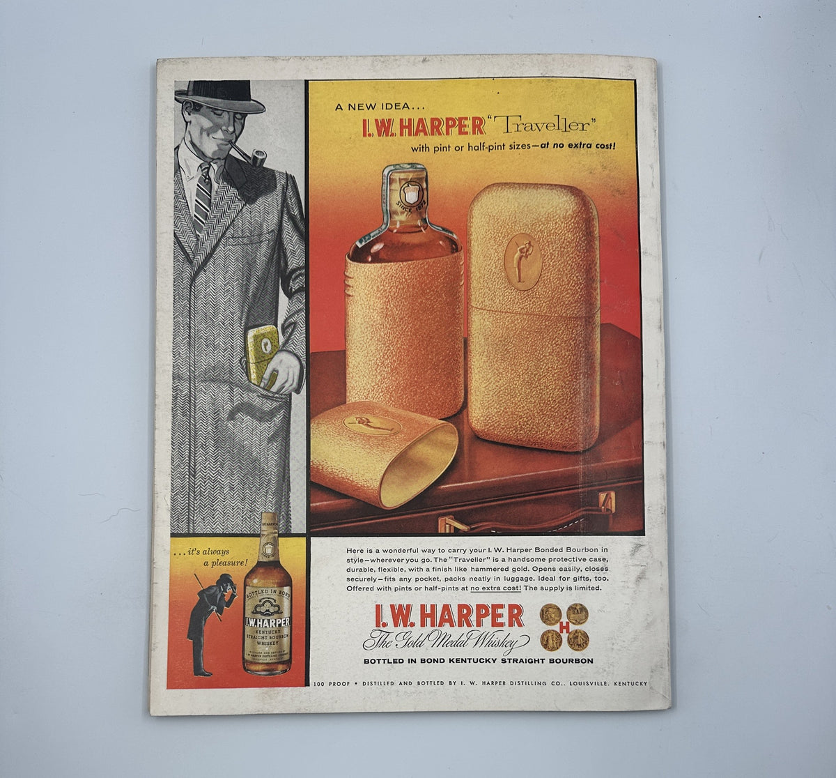An advertisement for I.W. Harper bourbon featuring a well-dressed man in a coat holding a bourbon flask, illustrating the concept of portability. Featured in Esquire Magazine, October 1956.