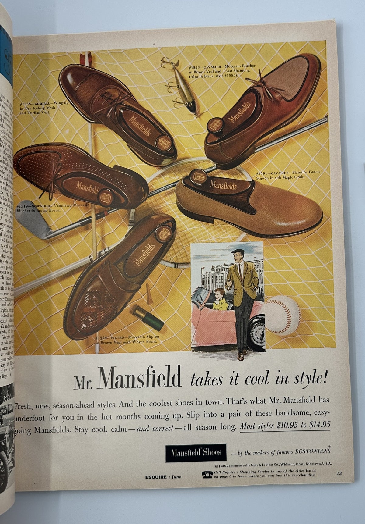 Mr. Mansfield shoes advertisement featuring new season styles in Esquire Magazine June 1956 Silvana Pampanini Foldout Antique Cars w Pinup. The image showcases a variety of stylish brown shoes displayed on a vibrant yellow background.