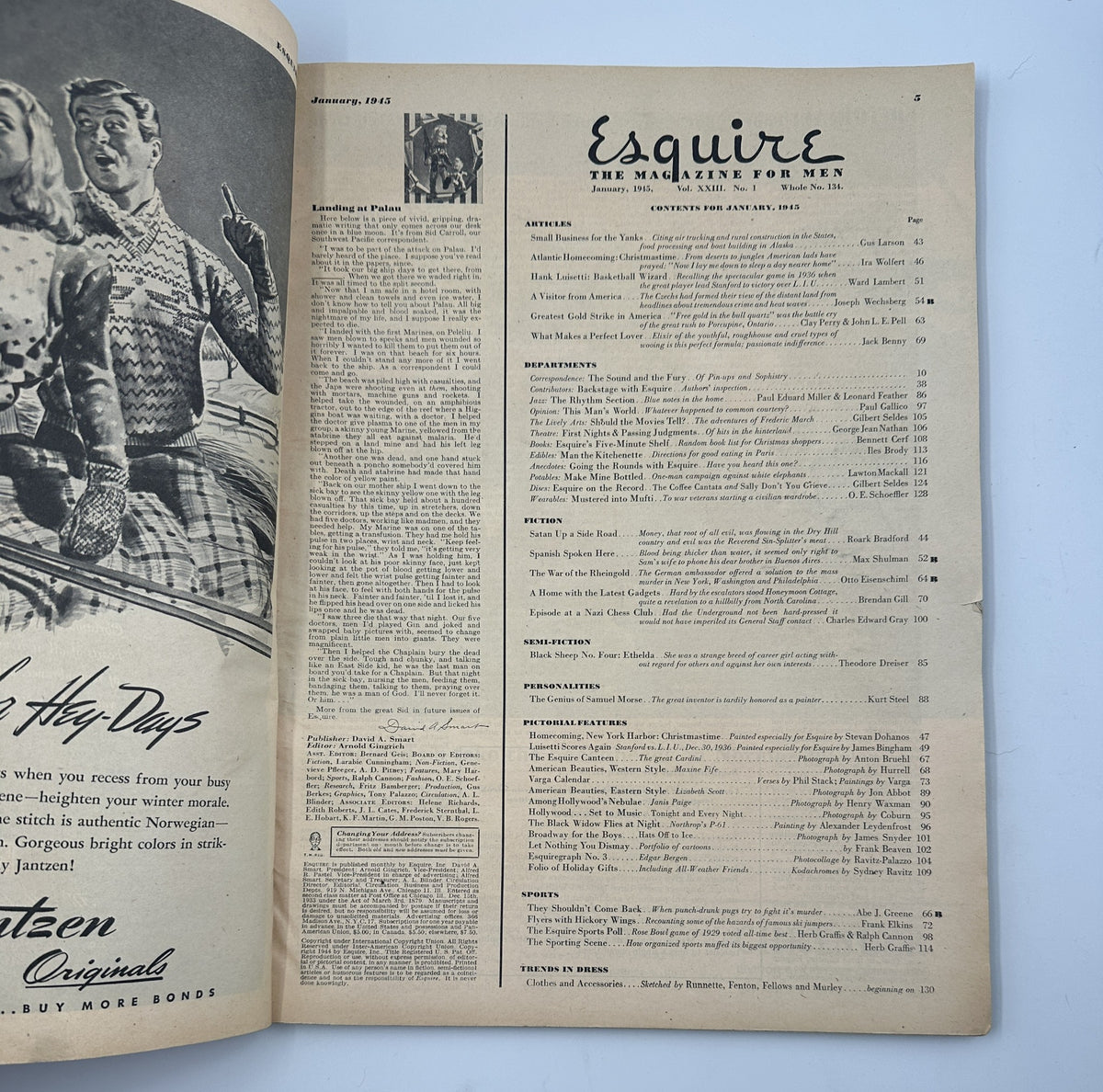 Esquire Magazine January 1945 featuring the contents page, showcasing articles and features of the issue, including categories such as articles, departments, fiction, and trends in dress.