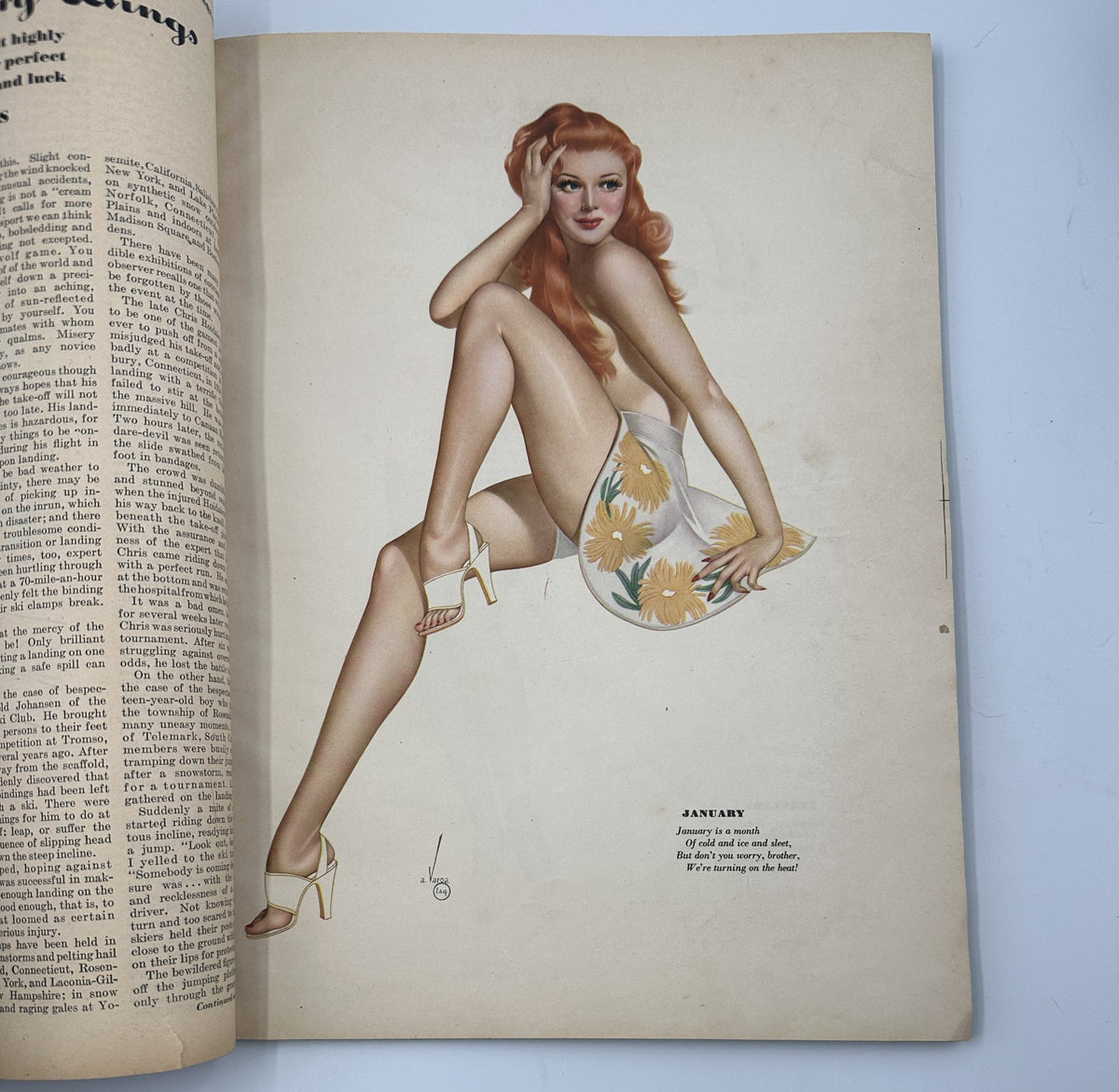 Esquire Magazine January 1945 Varga Calendar Girls illustration for January, depicting a blonde woman posed seductively with a flower-covered fan, highlighting vintage pin-up artistry.