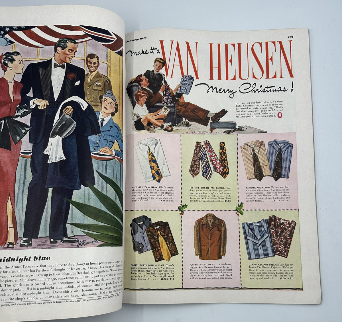 Esquire Magazine January 1945 features Van Heusen advertisement showcasing formal wear options for Christmas, including ties and suits, from an era when American fashion was adapting post-WWII.