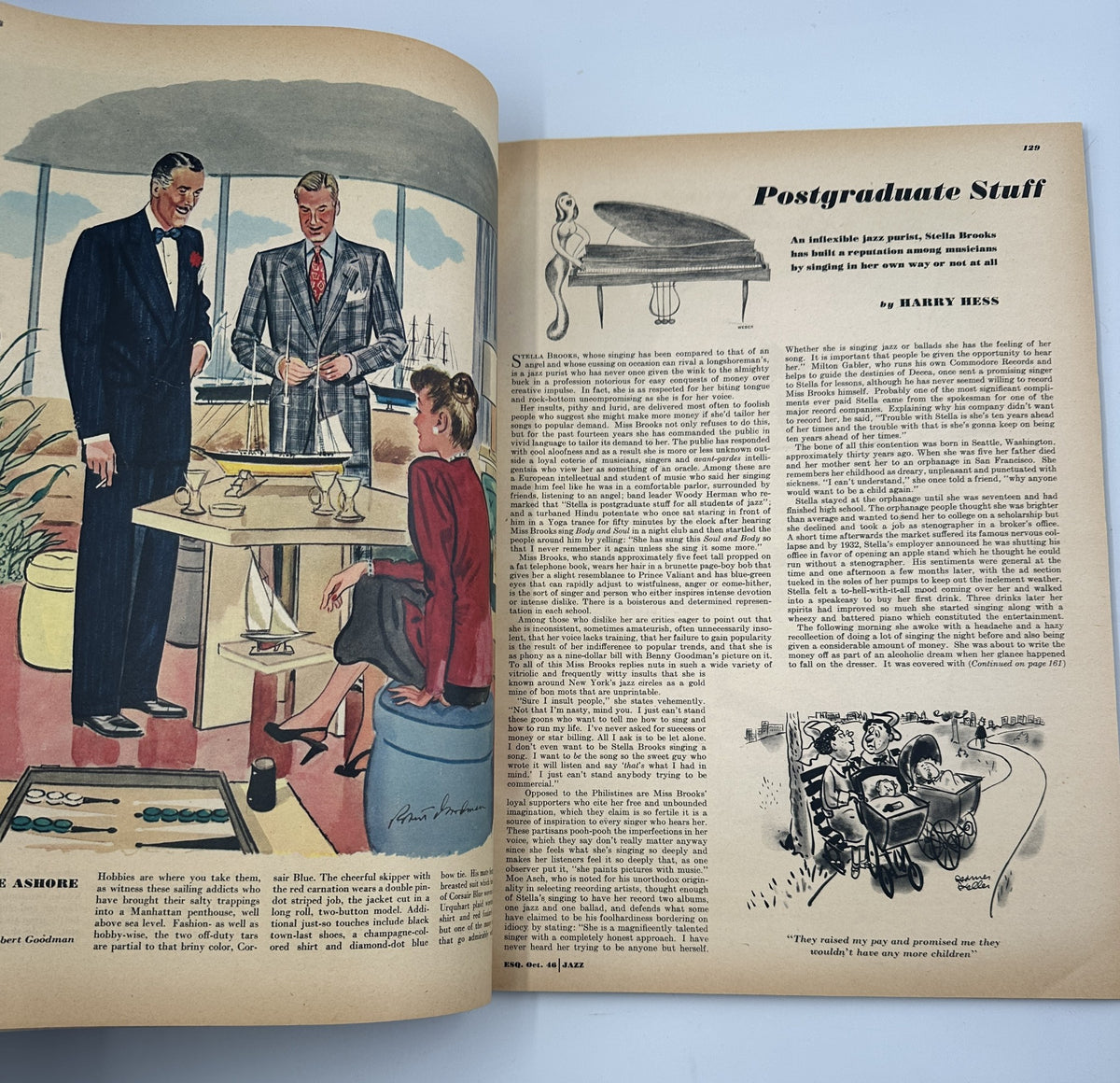 Esquire Magazine October 1946 includes a scene at a sophisticated dining table, showcasing elegant men's and women's attire, illustrating post-war fashion trends of the time.