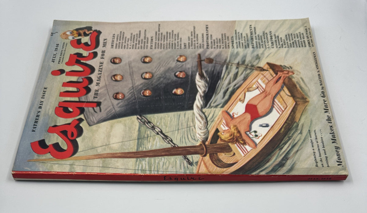Side view of the Esquire Magazine July 1946 showing the cover illustration and article listings, emphasizing its vintage design and iconic branding.