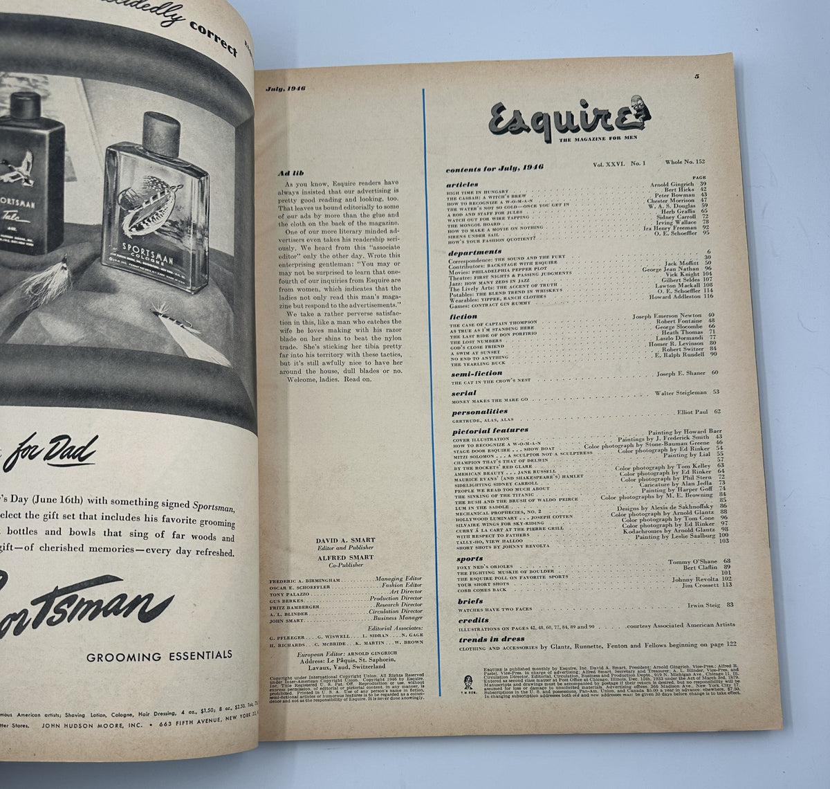 Inside page of Esquire Magazine July 1946 displaying advertisements and magazine details, showcasing vintage design elements and layout typical of the time.
