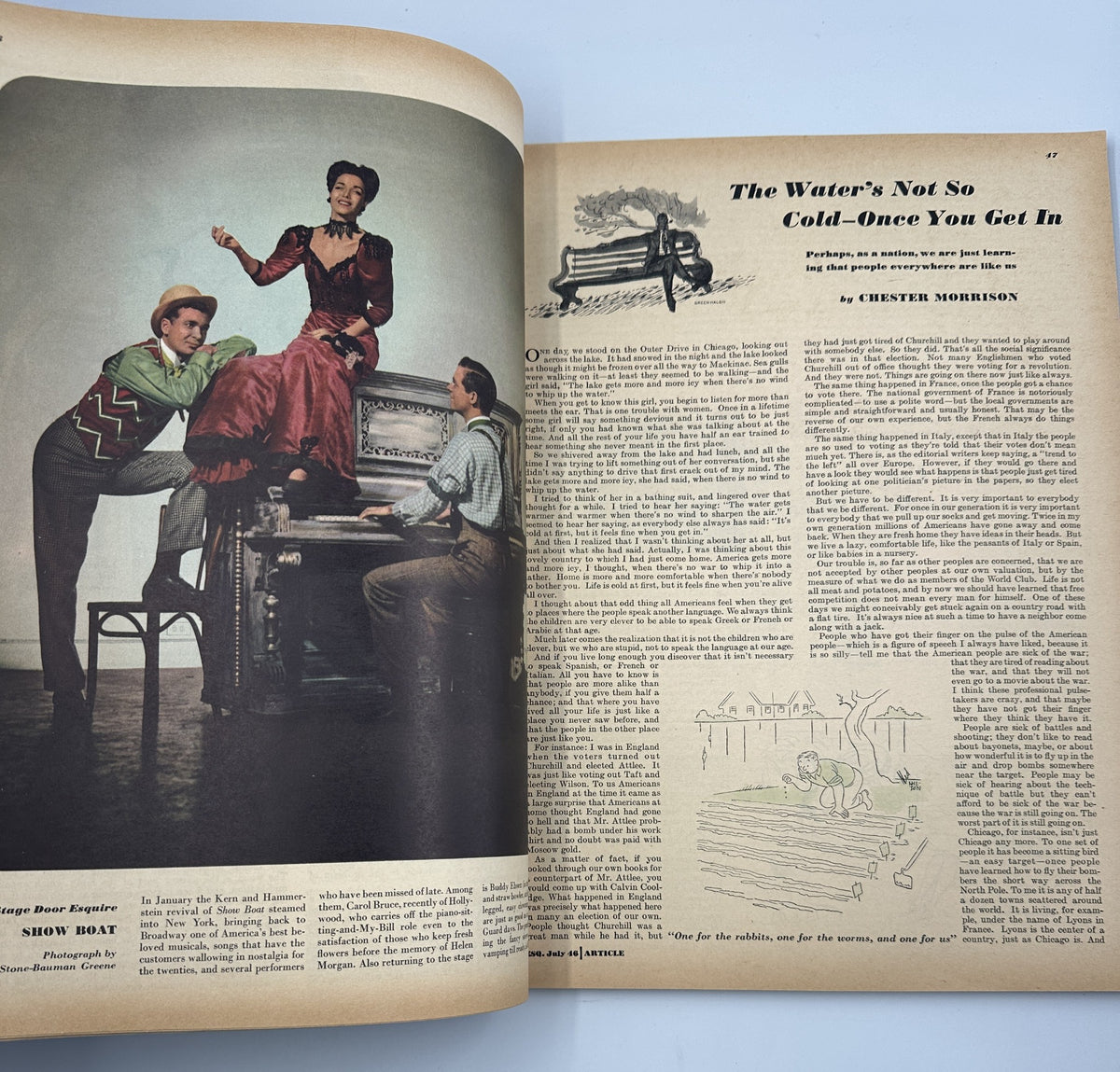 Esquire Magazine July 1946 article titled 'The Water’s Not So Cold—Once You Get In' by Chester Morrison, featuring an illustrated scene with a woman in a red dress and two men.