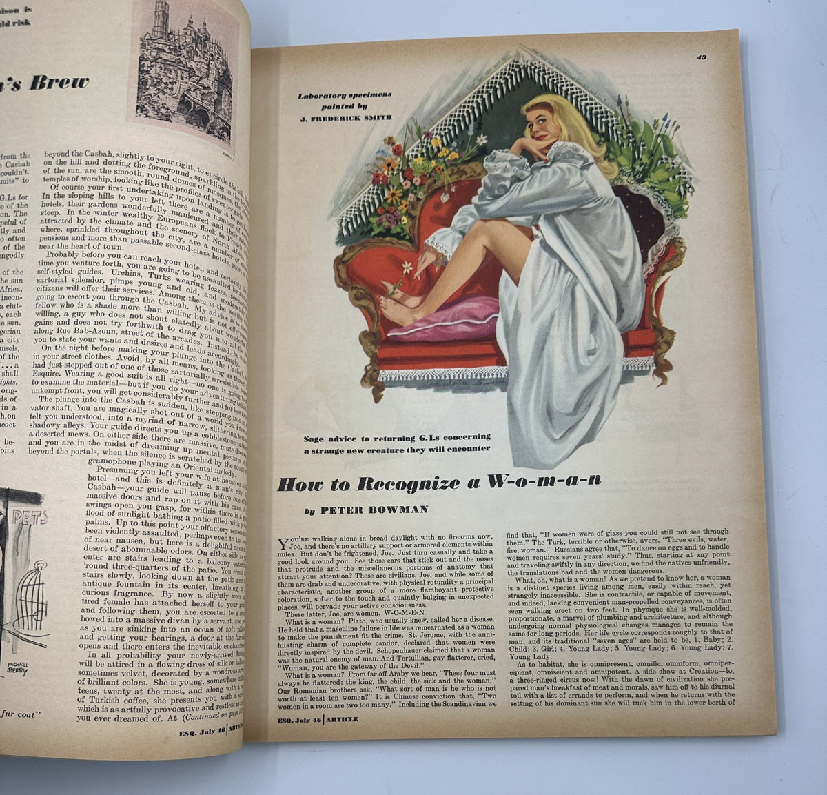 Esquire Magazine July 1946 illustration titled 'How to Recognize a W-O-M-A-N' by Peter Bowman, showing a woman in a provocative pose draped in a white sheet.