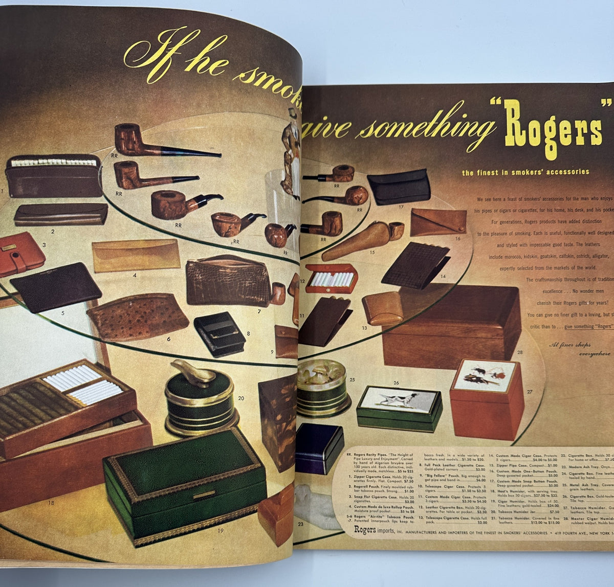Esquire Magazine July 1946 advertisement featuring assorted smoking accessories, emphasizing luxury items such as pipes and cases, presented on an elegant display.