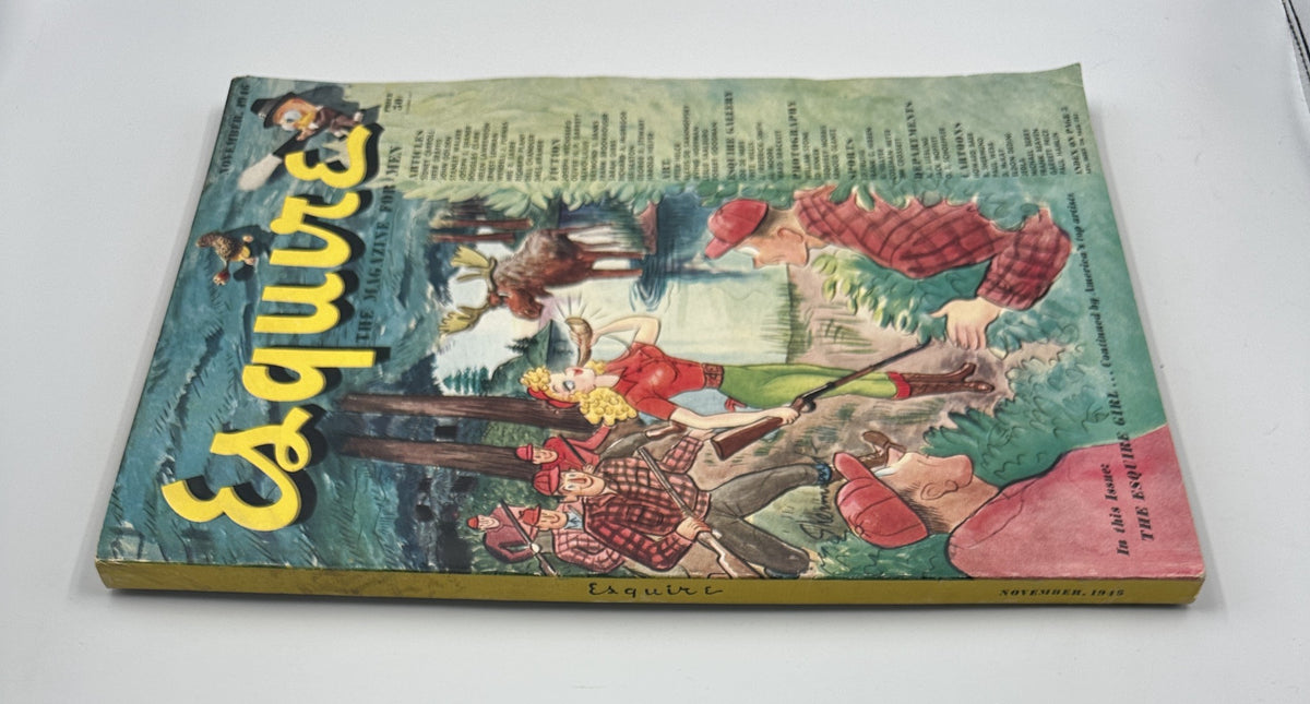 Side view of Esquire Magazine, November 1946 displaying the vibrant cover art and showcasing the magazine's title and issue date.