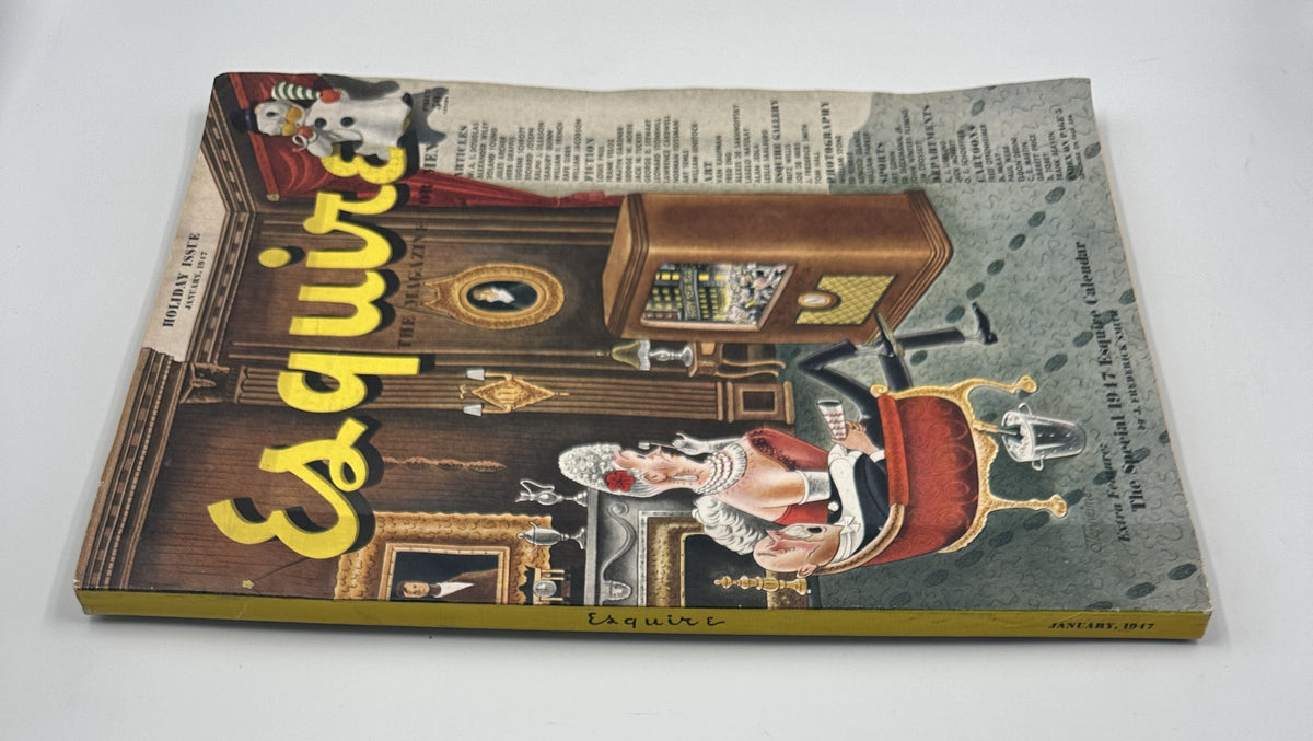 Esquire Magazine January 1947 side view of the cover displaying a whimsical holiday illustration of a woman relaxing in a classic chair beside a vintage television, with a playful penguin character, noted as the 1947 Calendar issue by J. Frederick Smith.
