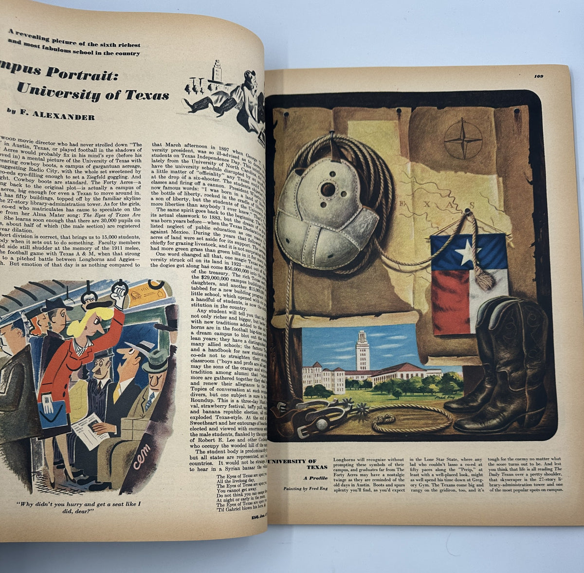 Esquire Magazine January 1947 page highlighting an article titled 'Campus Portrait: University of Texas' by F. Alexander, depicting vivid illustrations related to Texas culture.