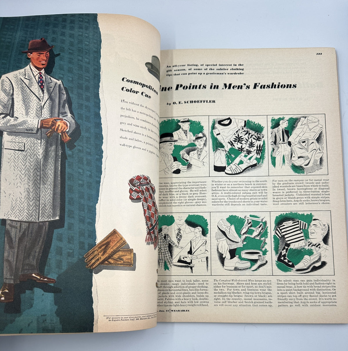 Esquire Magazine January 1947 showcasing an article on men's fashion titled 'Fine Points in Men's Fashions' by E. K. Schoeffler, illustrating style tips and trends.
