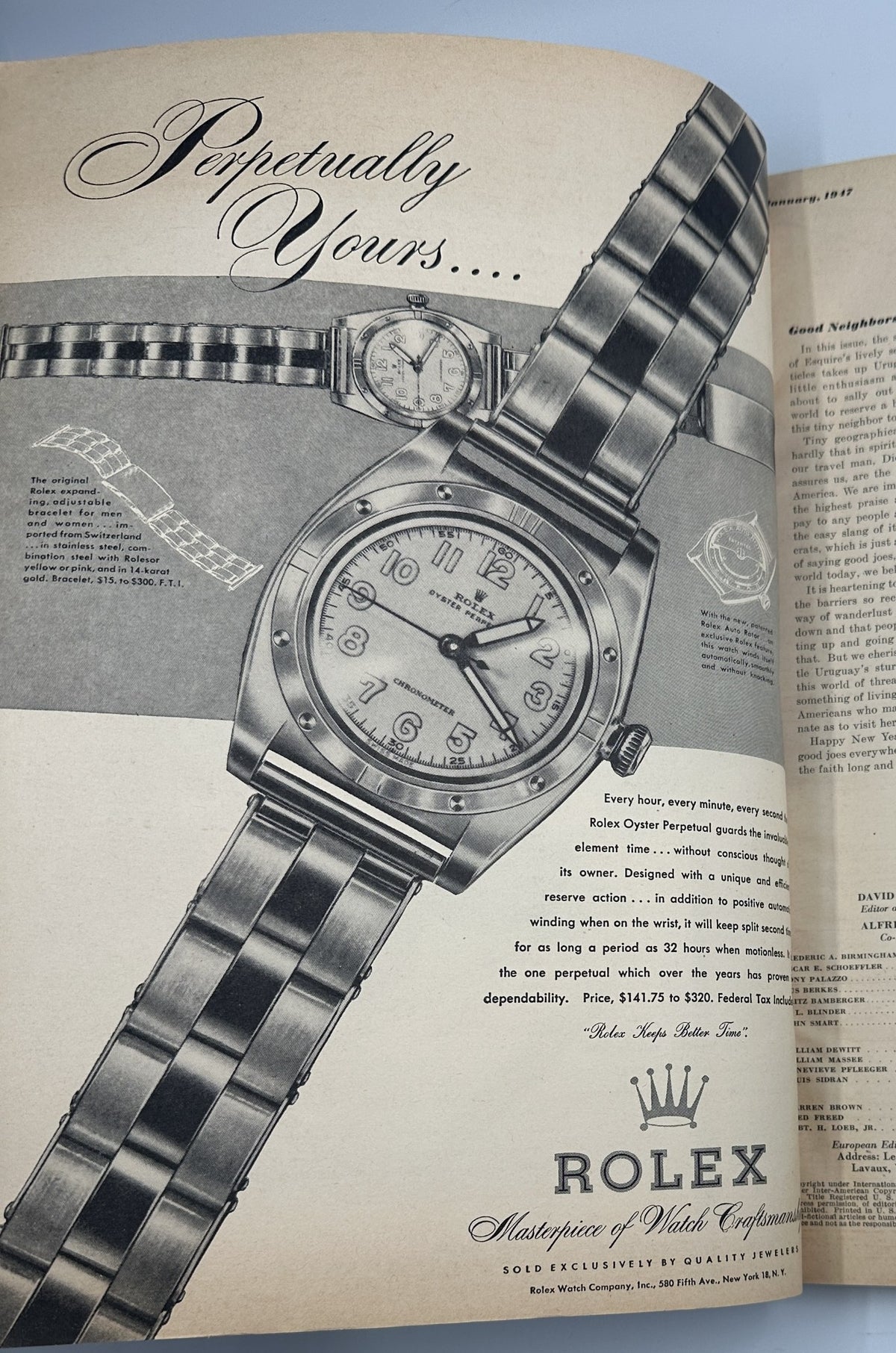 Esquire Magazine January 1947 featuring another Rolex advertisement, emphasizing luxury and watch craftsmanship in the holiday issue.