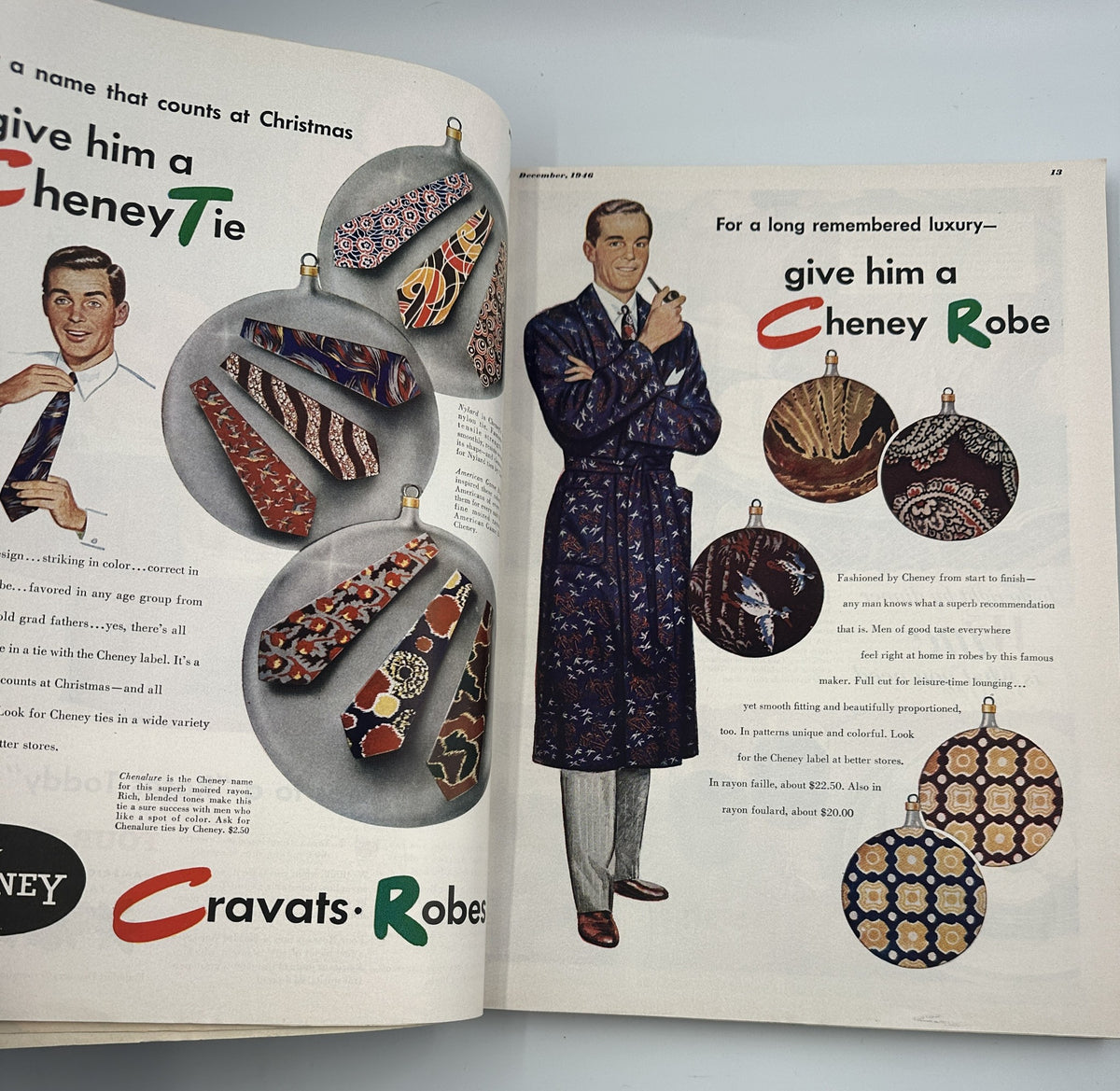 Esquire Magazine December 1946 Christmas Annual Holiday Issue highlighting a fashion advertisement for Cheney Ties and a man wearing a robe.