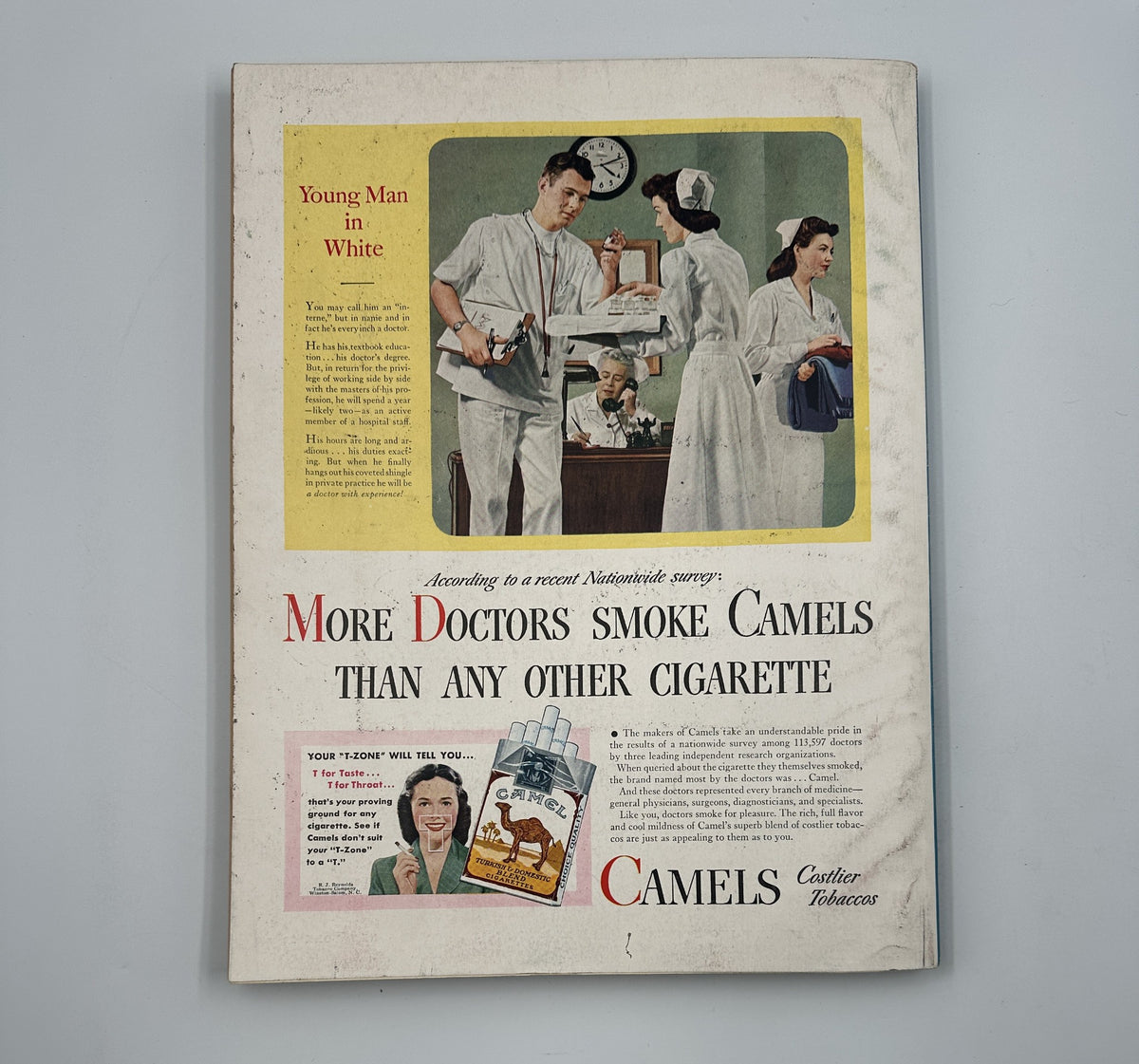 Vintage advertisement from Esquire Magazine December 1946 Christmas Annual Holiday Issue featuring a young man in white with a doctor and nurse, promoting the slogan 'More Doctors smoke Camels than any other cigarette.'