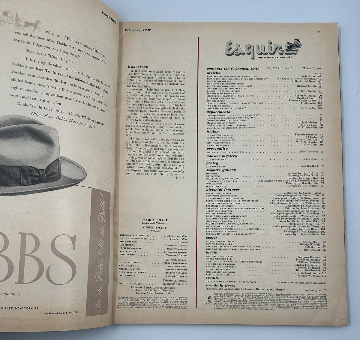 Esquire Magazine February 1947 Table of Contents showcasing featured articles and contributors, including Gene Krupa and Leonard Bernstein.