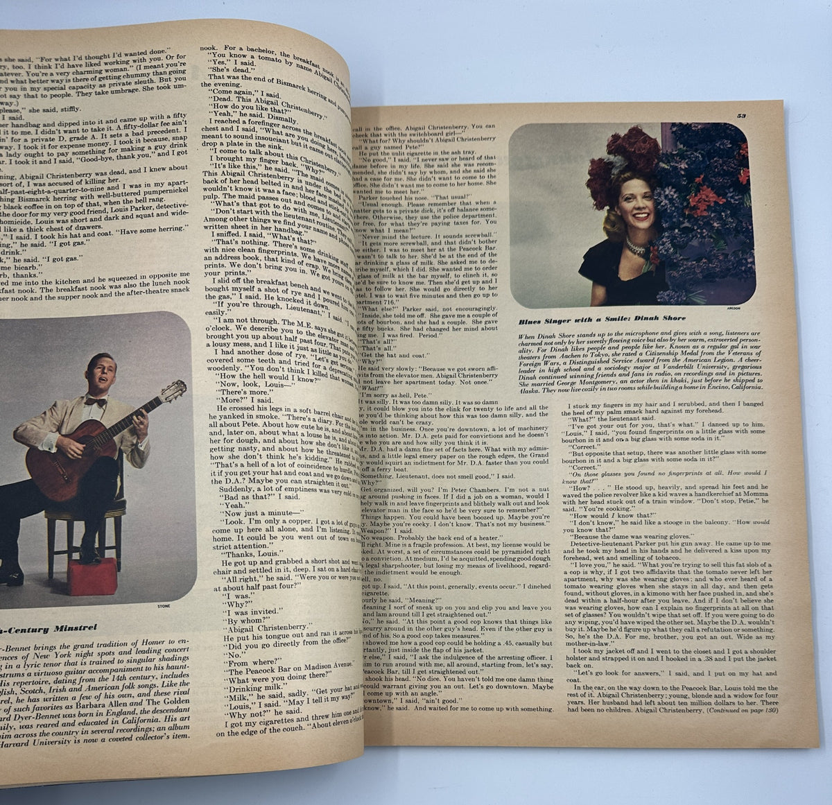 Esquire Magazine February 1947 article page featuring a photo of a singer with the title 'Blues Singer with a Smile: Dinah Shore'.