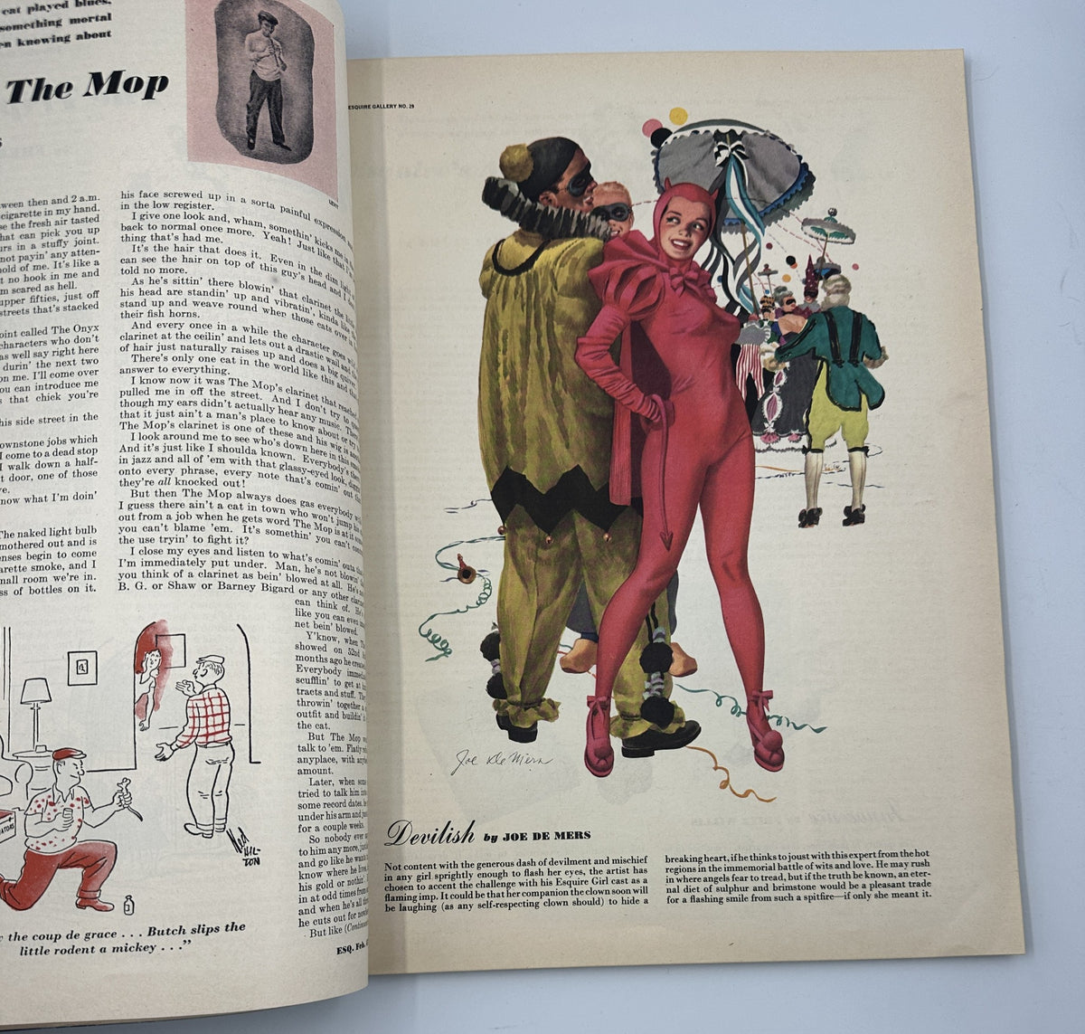 Esquire Magazine February 1947 illustration titled 'Devilish' by Joe De Mers, depicting a whimsical and colorful harlequin character.