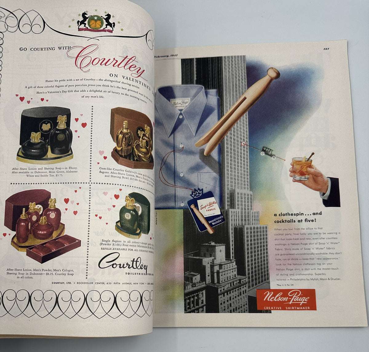 Esquire Magazine February 1947 advertisement for Courtley featuring luxury products for Valentine's Day, including perfume and men's accessories.