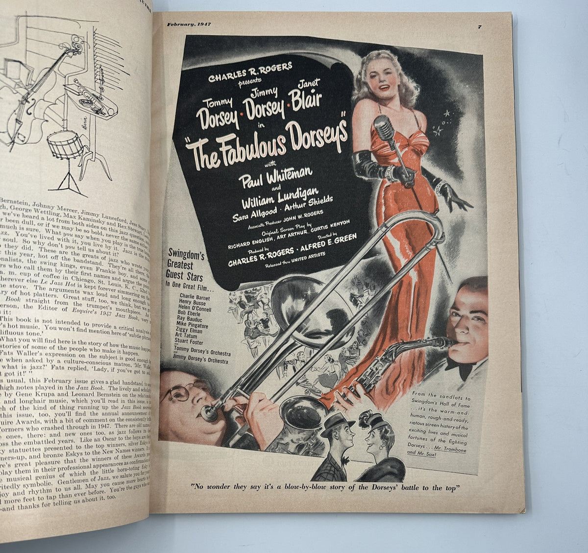 Esquire Magazine February 1947 page detailing 'The Fabulous Dorsey's' with an illustration of a glamorous singer and musicians.