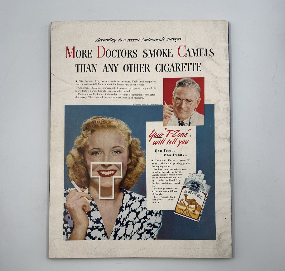 Vintage advertisement featuring a smiling woman suggesting that more doctors smoke Camels than any other cigarette. This ad is from the Esquire Magazine February 1947 issue, which includes content related to jazz and notable figures like Bernstein and Krupa.