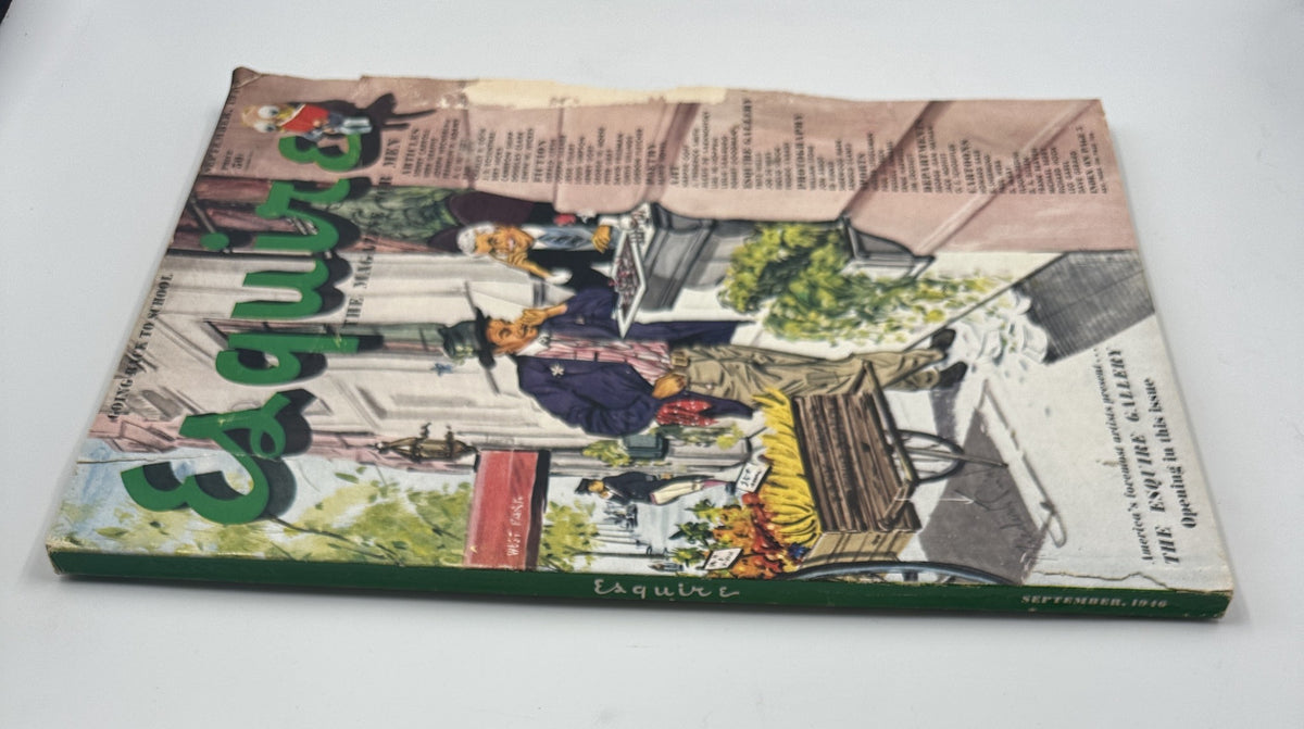 Esquire Magazine September 1946 side view of the cover showcasing the vibrant illustration of a street vendor, embodying the magazine's focus on lifestyle and culture.
