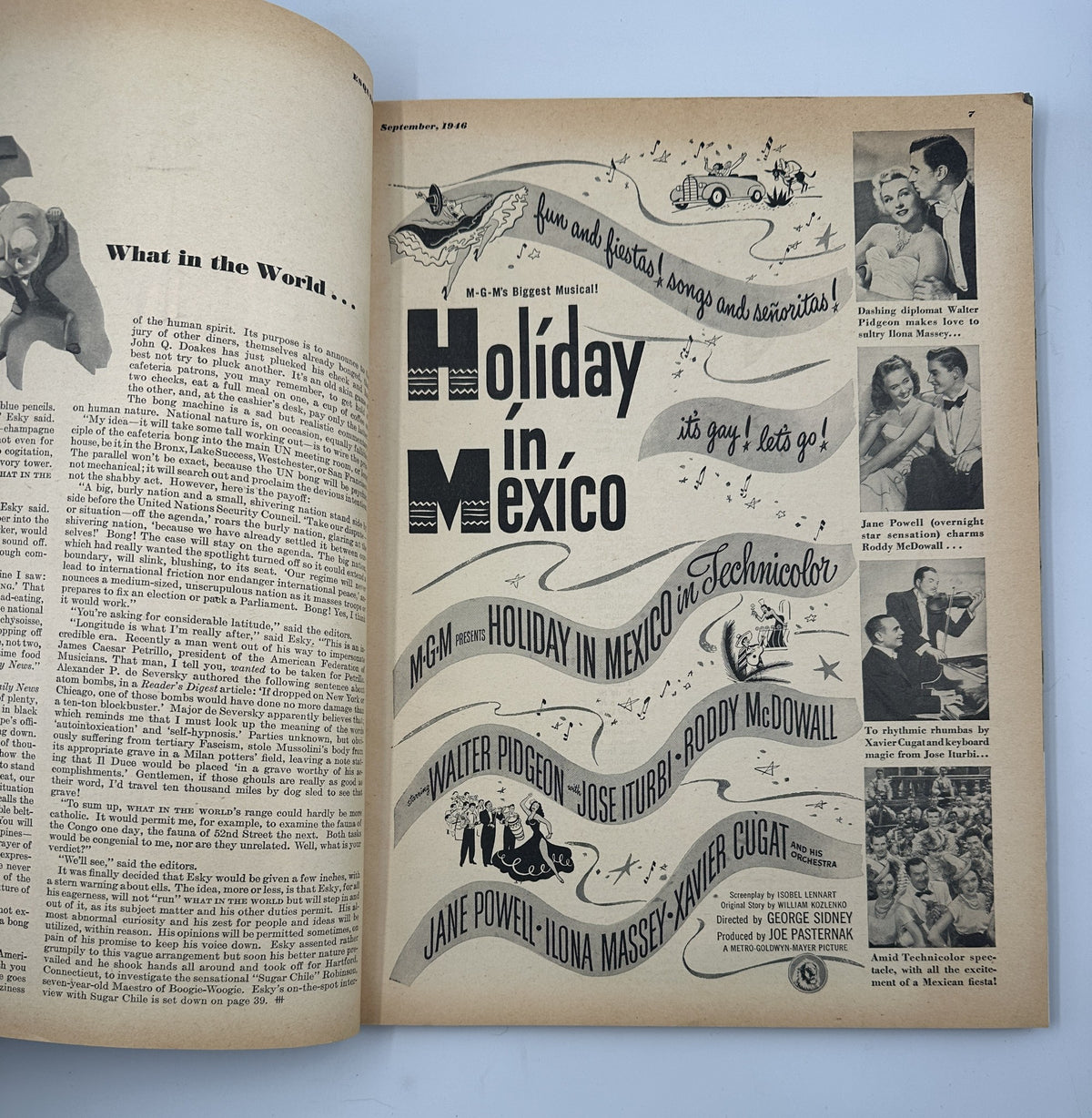 Interior page of Esquire Magazine September 1946 featuring an advertisement for 'Holiday in Mexico,' promoting the musical film, emphasizing the magazine's entertainment content.