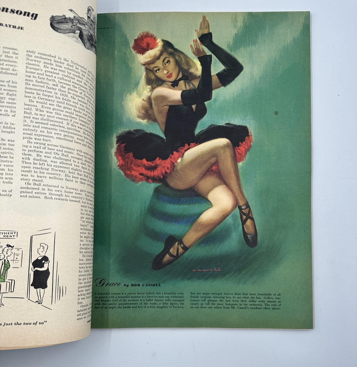 Esquire Magazine July 1947 featuring an artistic illustration titled 'Grace' by Bob Cassell, depicting a glamorous dancer in vibrant attire against a green background.
