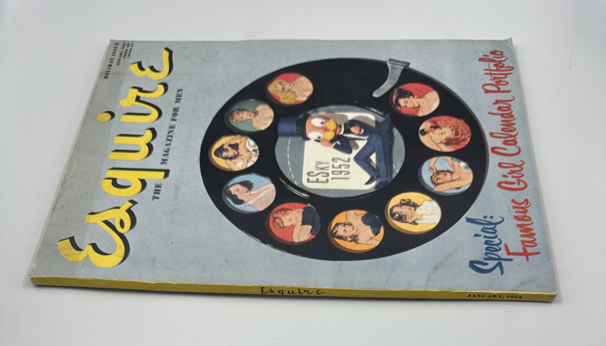 Esquire Magazine January 1952 cover view, highlighting the Special: Famous Girl Calendar Portfolio, with vibrant illustrations of models on the cover.