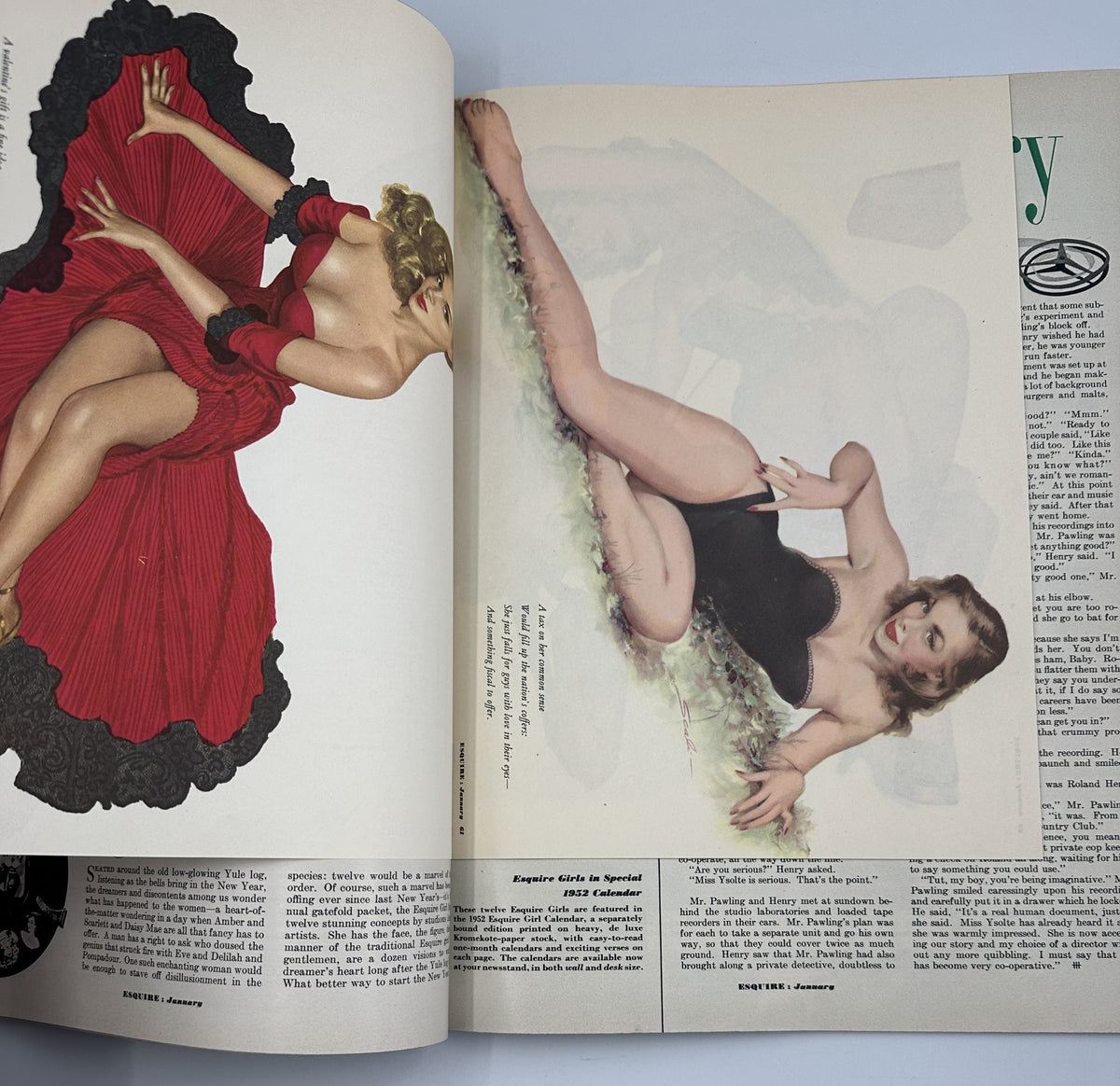 Illustration from Esquire Magazine January 1952 featuring a model in a red dress and a black background, part of the Famous Girl calendar by Eddie Arcaro.