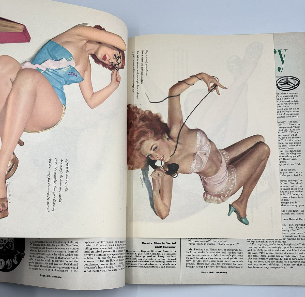 Illustration from Esquire Magazine January 1952 showcasing a model in a blue swimsuit and glasses, part of the Famous Girl calendar by Eddie Arcaro.