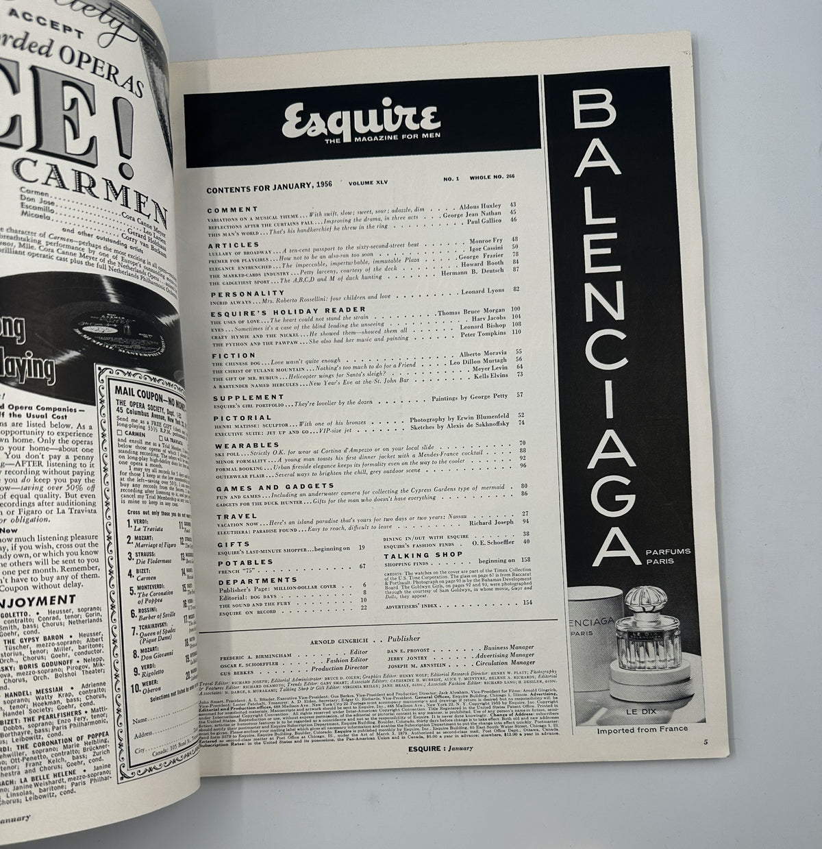 Esquire Magazine January 1956 showcasing the Table of Contents featuring articles and sections including Ingrid Bergman and George Petty Girls.