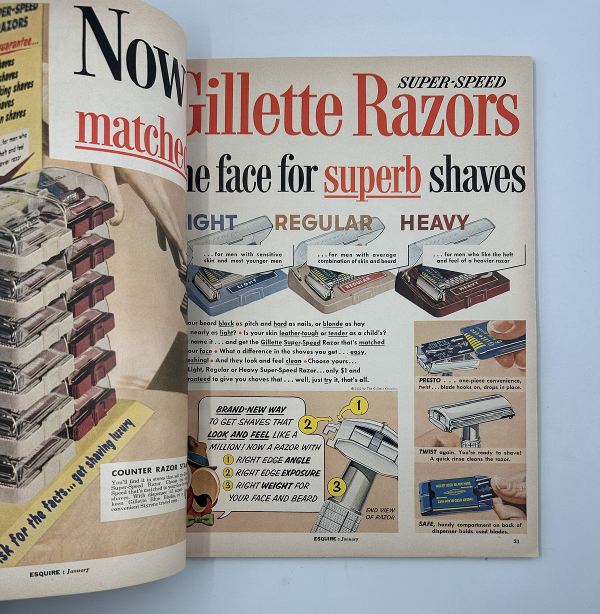Esquire Magazine January 1956 advertisement for Gillette Razors, promoting their 'Super-Speed' razors for optimal shaving.