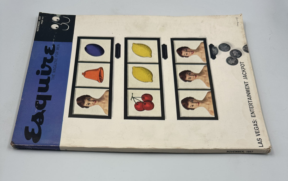 Side view of the Esquire Magazine November 1957 showing the cover design and highlighting 'Las Vegas: Entertainment Jackpot'.