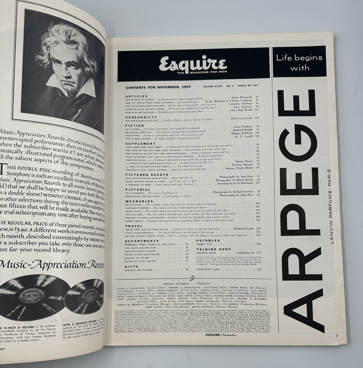 Inside spread of Esquire Magazine November 1957 featuring the table of contents and the title 'Esquire' in a classic layout.