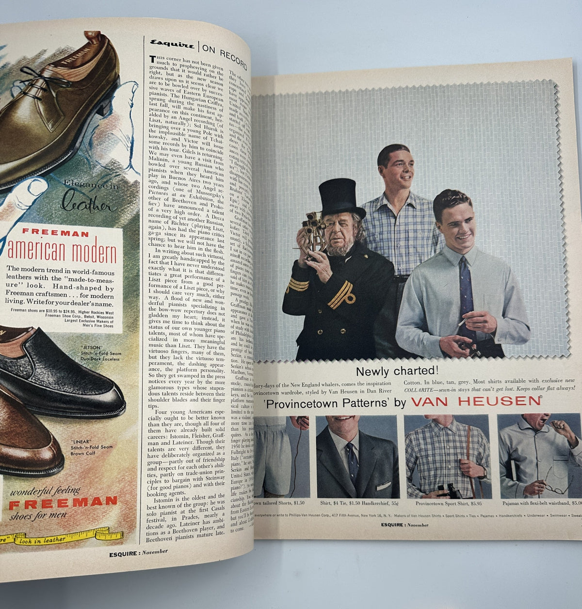Esquire Magazine November 1957 feature with a vintage advertisement for Freeman shoes and Van Heusen neckties, showcasing men's fashion from the era.