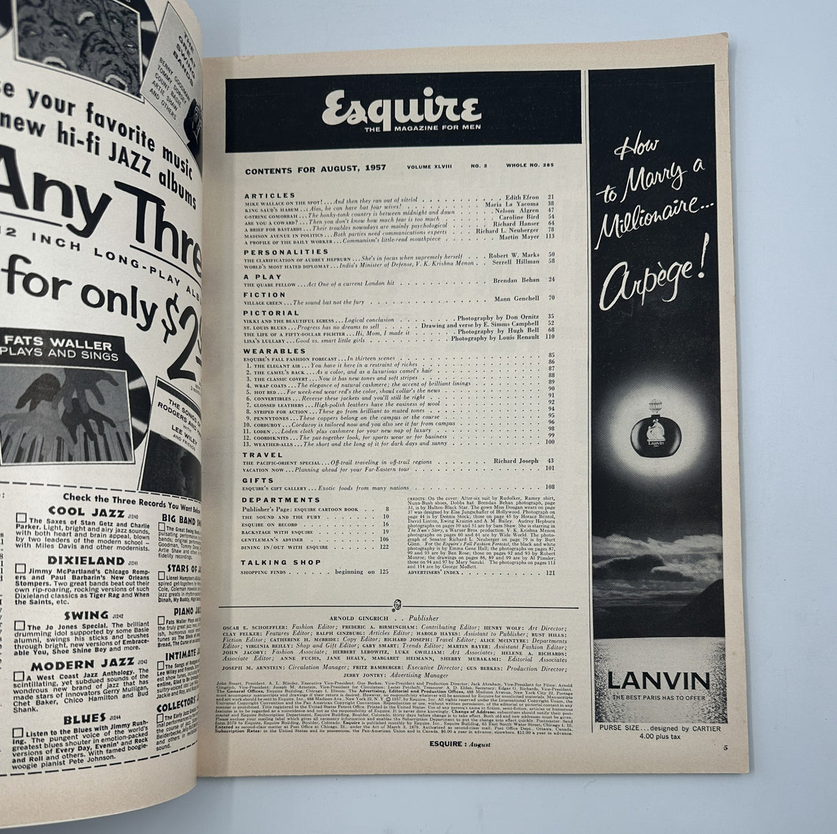 Inside page of Esquire Magazine, August 1957 displaying the table of contents, featuring articles, pictorials, and department listings relevant to the magazine edition.