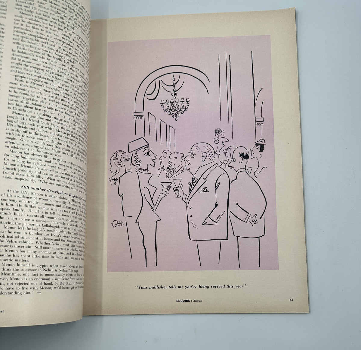 Illustration from Esquire Magazine, August 1957, showcasing a cartoon scene with stylish characters engaged in conversation at a social event.
