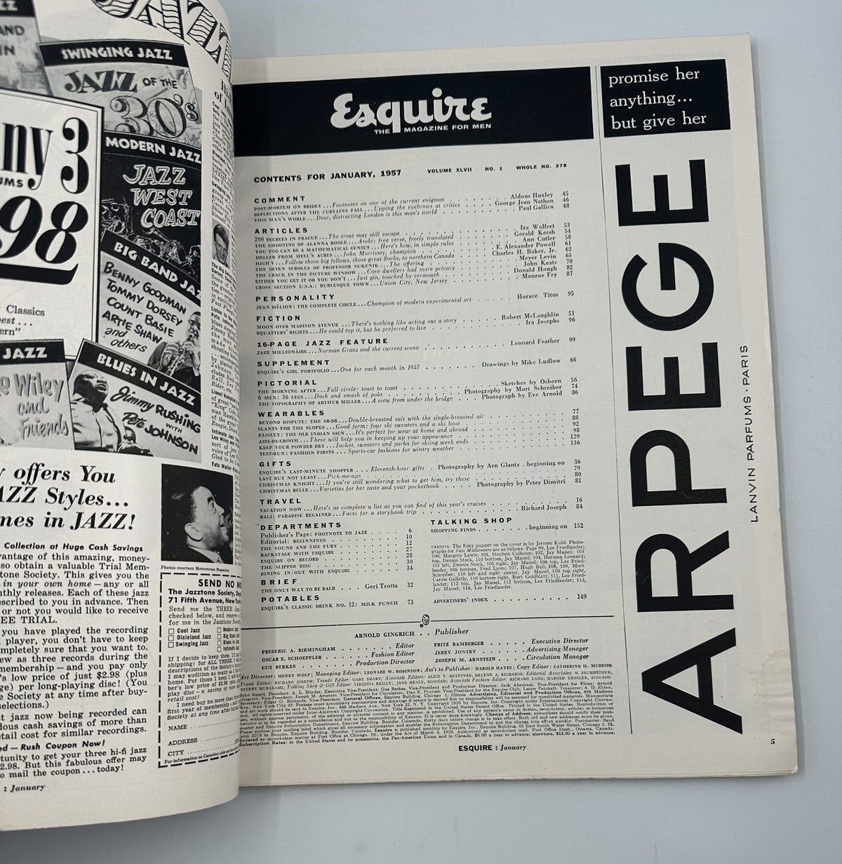 Interior page showcasing the contents of Esquire Magazine January 1957, listing articles and features related to jazz and culture.