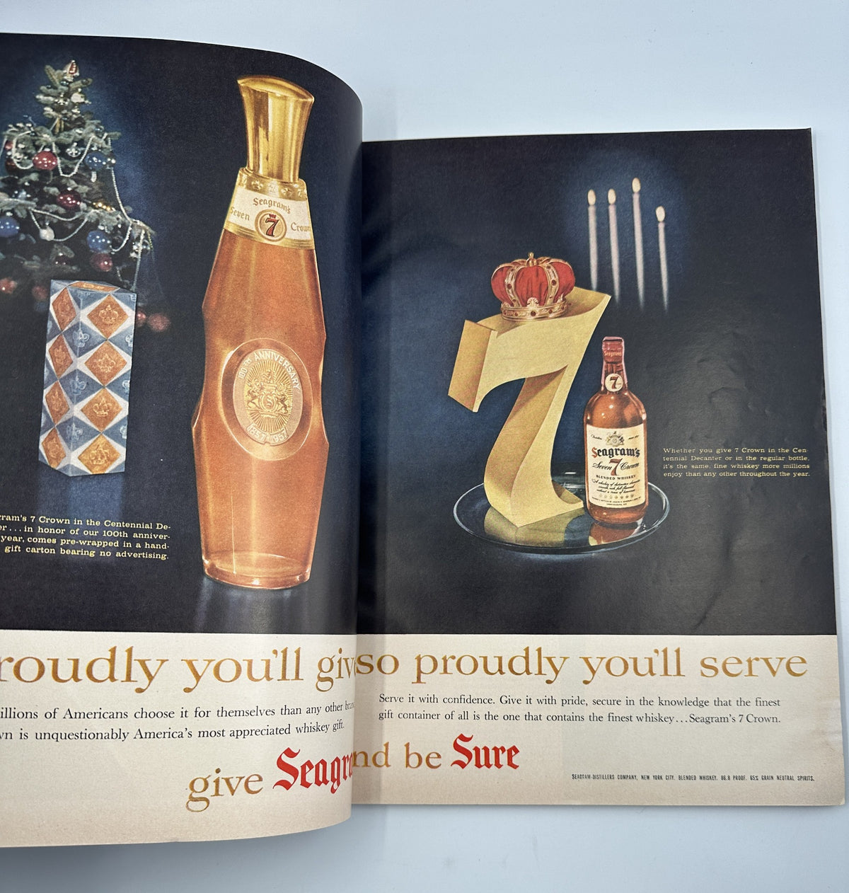 An advertisement in Esquire Magazine January 1957 for Seagram's 7 whiskey, illustrated with a festive theme and emphasizing drink appeal.