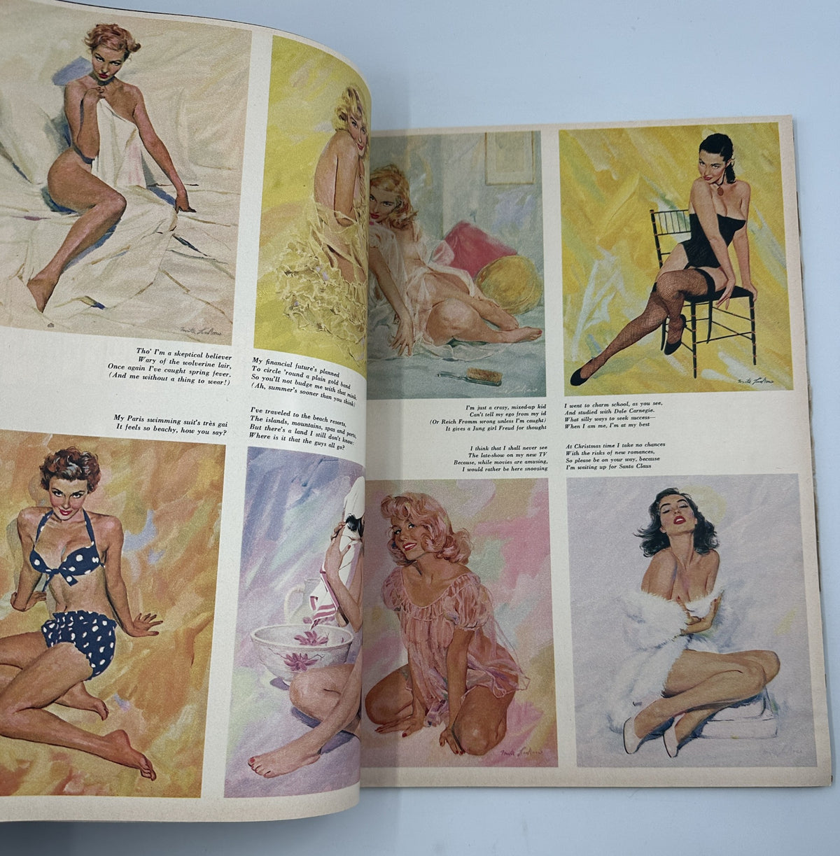 Esquire Magazine January 1957 Jazz Feature Mike Ludlow Esquire Girl Portfolio showcasing stylish pin-up illustrations of women in various poses and outfits.