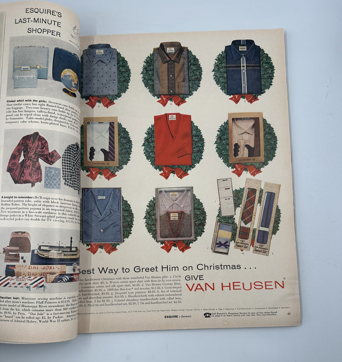 Esquire Magazine January 1957 Jazz Feature Mike Ludlow Esquire Girl Portfolio with a Christmas gift advertisement displaying a range of men's shirts and accessories.