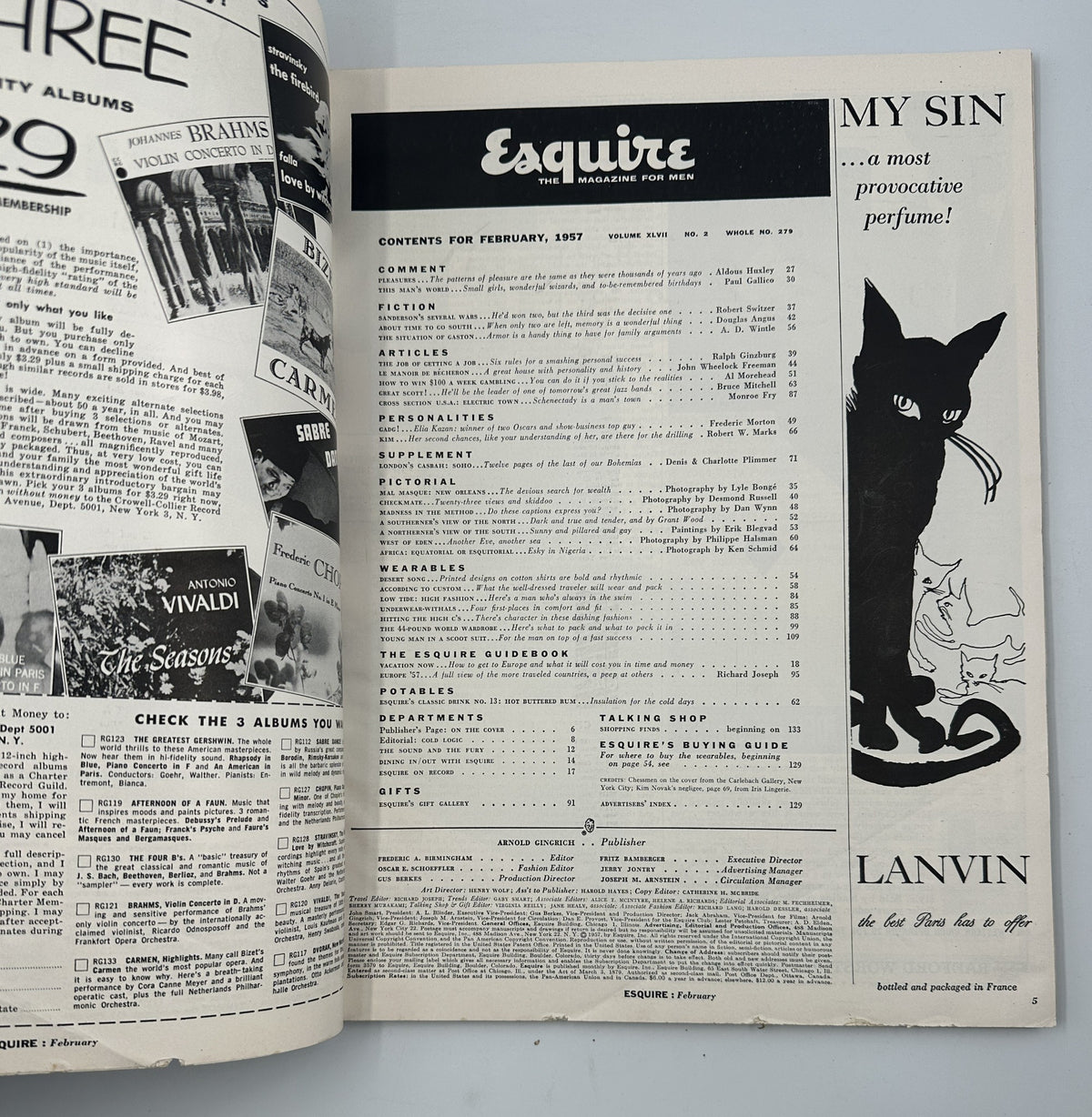 Interior page of Esquire Magazine February 1957 featuring table of contents, listing articles and sections relevant to men's lifestyle, fashion, and culture, with a black cat illustration.
