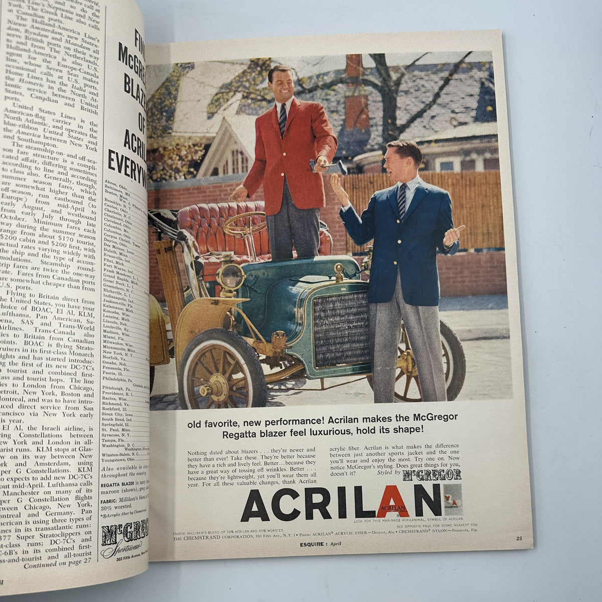 Advertisement for Acrilan blazer featured in Esquire Magazine April 1957, showcasing stylish menswear in a vintage setting.