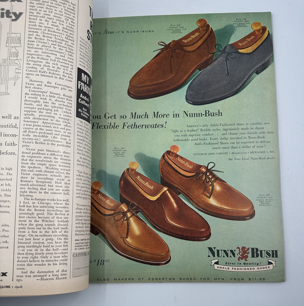Nunn-Bush shoes advertisement in Esquire Magazine April 1957, displaying a variety of men's footwear options.
