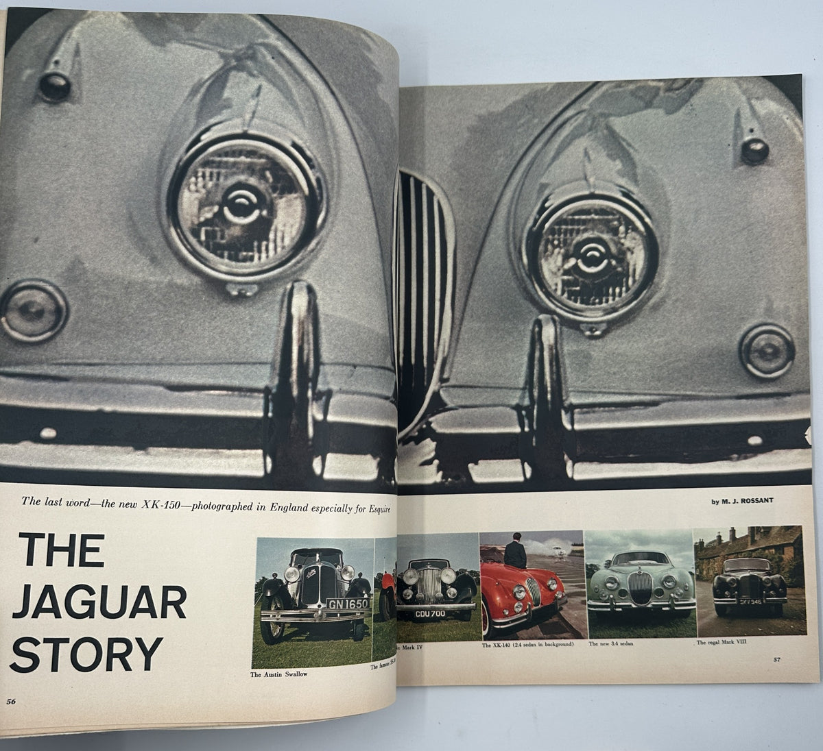 Spread from the May 1957 Esquire Magazine showcasing the 'The Jaguar Story' with detailed images of classic Jaguar cars.