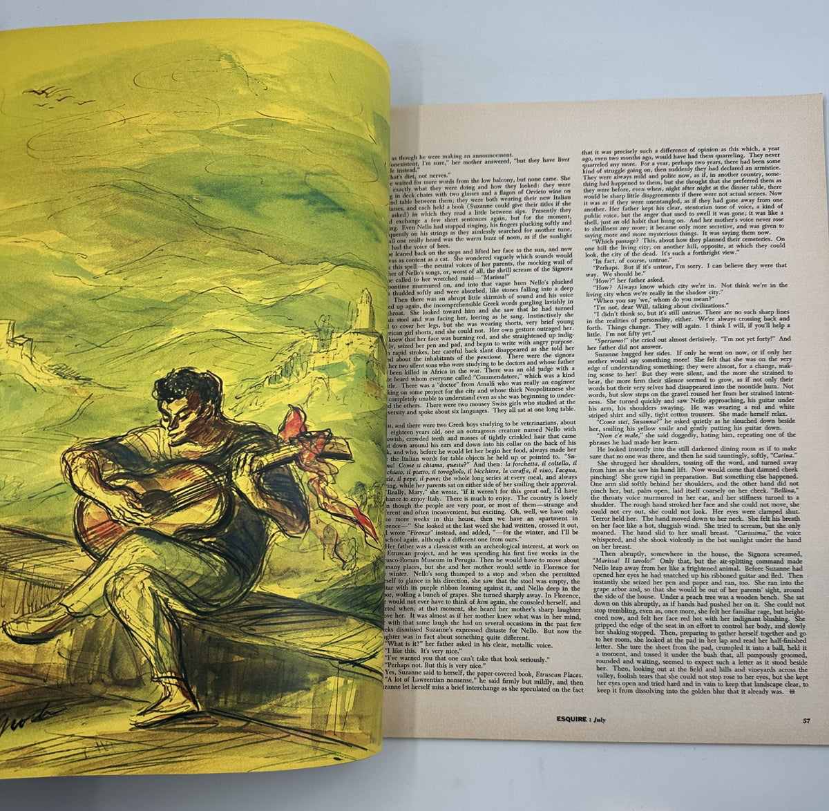 Illustrative page from Esquire Magazine July 1957, depicting a guitar player surrounded by scenic landscapes, capturing an artistic essence within the issue.