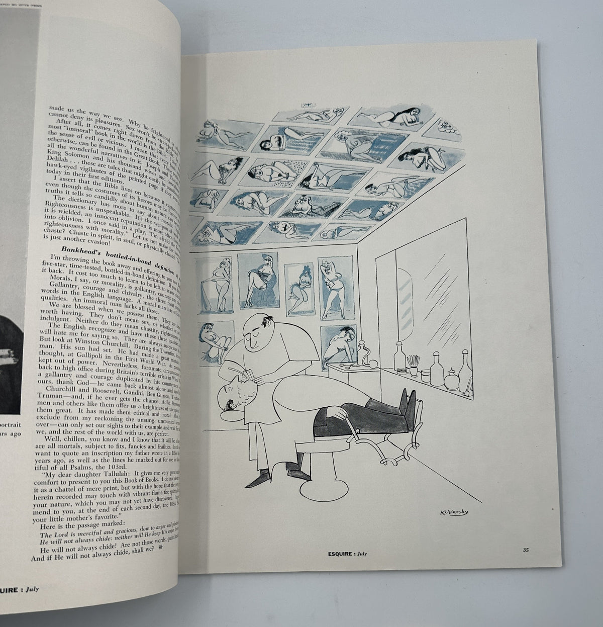 Cartoon page from Esquire Magazine July 1957 illustrating a barber shop scenario with whimsical characters and a gallery of paintings, reflecting the era's humor.