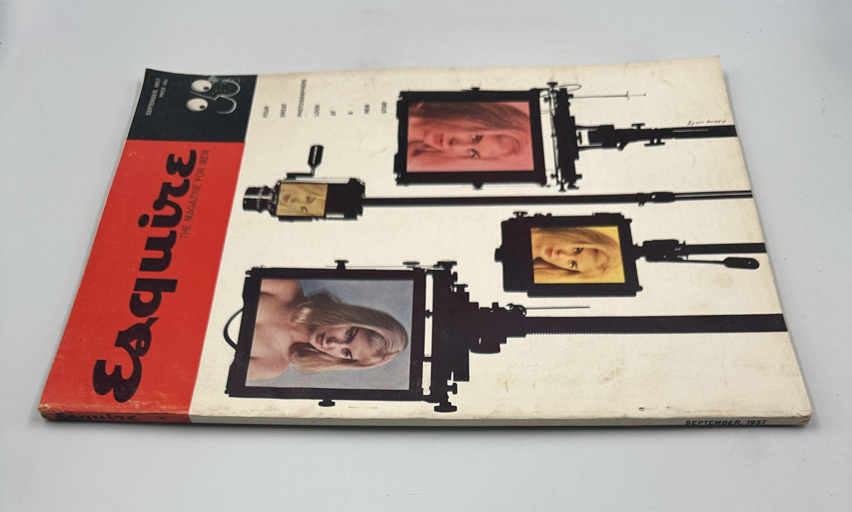 Angled view of the September 1957 issue of Esquire Magazine, illustrating the iconic cover design and the magazine's artistic presentation featuring great photographers.
